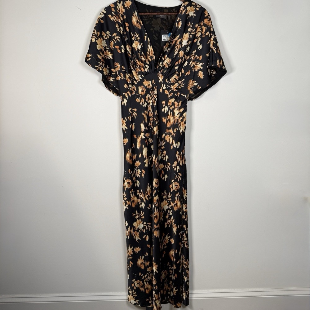 NWT Dress Forum Dress Maxi Women's Short Sleeve Satin Slit Black Tan Small